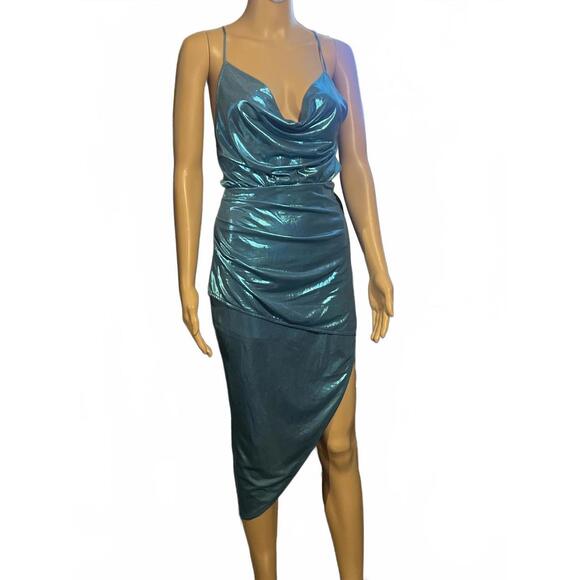 Super Down Shiny Blue Cowl Neck Midi Dress X Straps XS - Picture 2 of 8